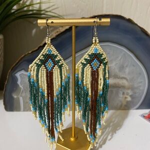 Bohemian Beaded Fringe Earrings in Cream and Brown